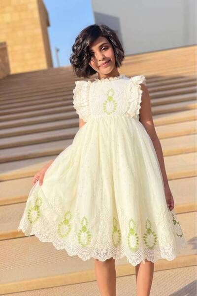 JO FASHION Girl's Off-White Dress with Green Embroidery Detail