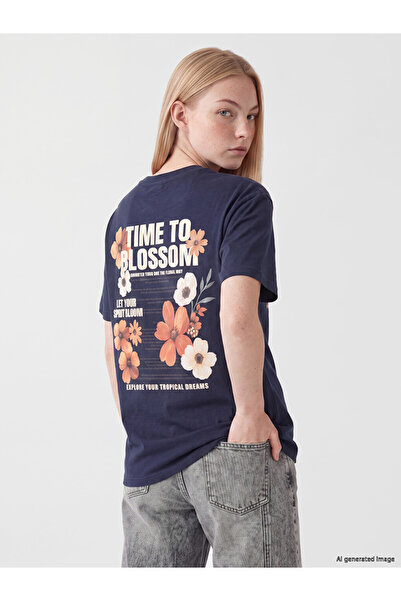 LC Waikiki Xside Navy Blue Printed 100% Cotton Women's T-Shirt