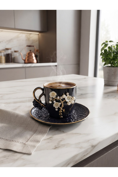 DS Home&Design 6-Piece Luxury Turkish Coffee Cup Set with Pearl and Flower Em...