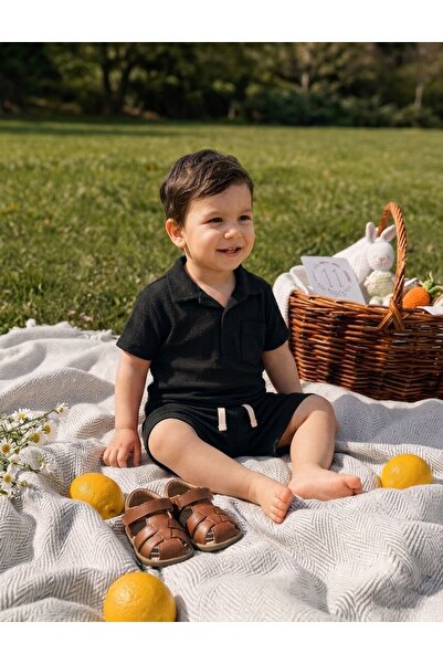 OMY Cotton Waffle Fabric Collar Pocket Detail Summer 2-Piece Shorts Set for A...