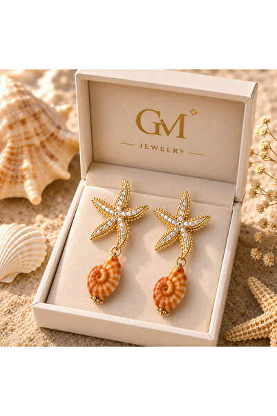 GM Deniz Yıldızı Taşlı Sallantılı Kadın Küpe Yazlık Altın Renk - Jewelry