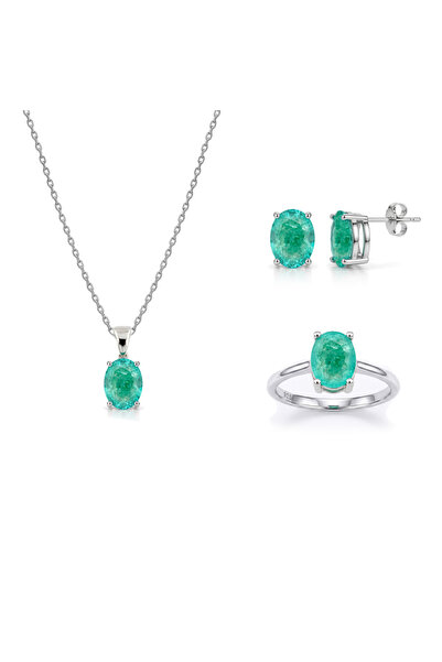 Silveranka 925 Ayar Gümüş Doğal Paraiba Taşlı Oval Takı Seti