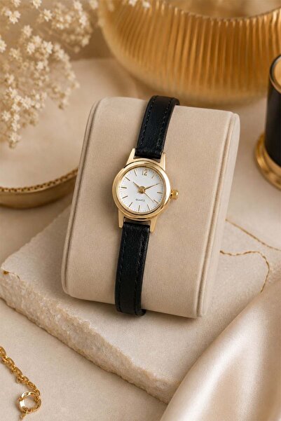 GANYMET Leny Women's Wristwatch Gold Case Black Thin Band White Dial Minimal ...