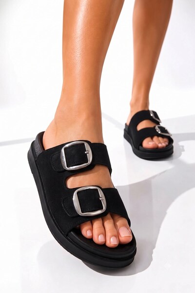 AlbiShoes Γυναικείες ρυθμιζόμενες παντόφλες με διπλή πόρπη από σουέτ υλικό Co...