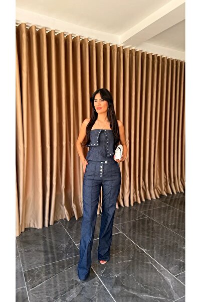 HARMONY GLOBAL Kadın Koyu Lacivert Straplez Düğme Detaylı Denim Büstiyer ve Palazzo Pantolon İkili Takım 8056
