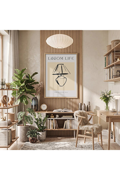 KOLAJTASARIM Lagom Life Lamp Painting Φυσικό Ξύλινο Διακοσμητικό Πλαίσιο Αφίσ...