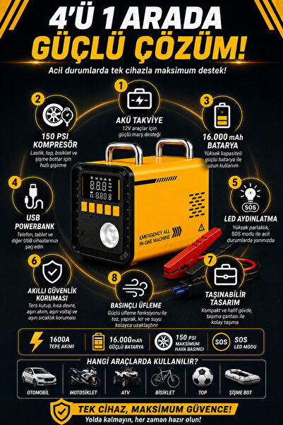 Merwish Akü Takviye 1600A 16.000mAh 150 PSI Hava Kompresörü Powerbank LED Fener Basınçlı Üfleme 4'ü 1 Arada