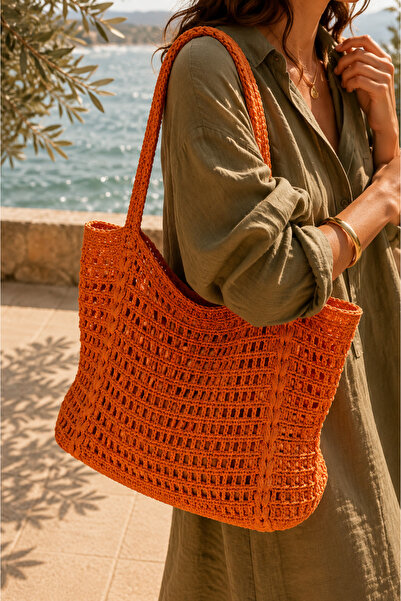 NUNU Beach Bag Lined Hand Knitted Shoulder Bag Large Size Straw Look Women's Bag