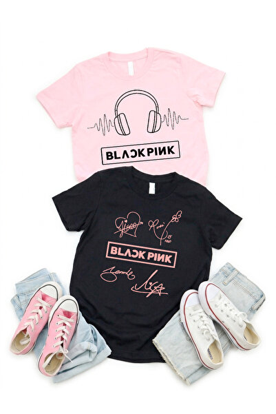 STİL-X طقم تي شيرت مطبوع عليه BLACK PINK مكون من قطعتين للفتيات، مصنوع من قما...