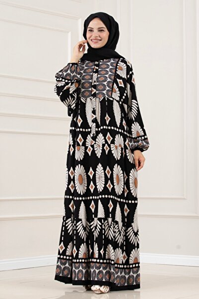 Sevitli Half Buttoned Robe Yaren Dress-Black