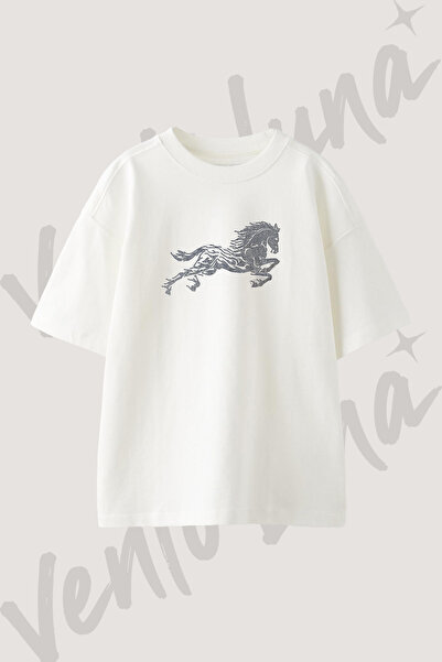 Vento Luna Tasli At Tasarım Baskılı Unisex Oversize Kalıp Beyaz Tshirt
