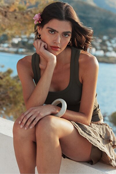 Stradivarius Ribbed cotton racerback top