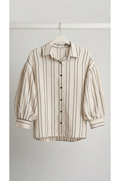 Sublime Butik Women's Cotton Linen Soft Textured Vertical Striped Beige Ballo...
