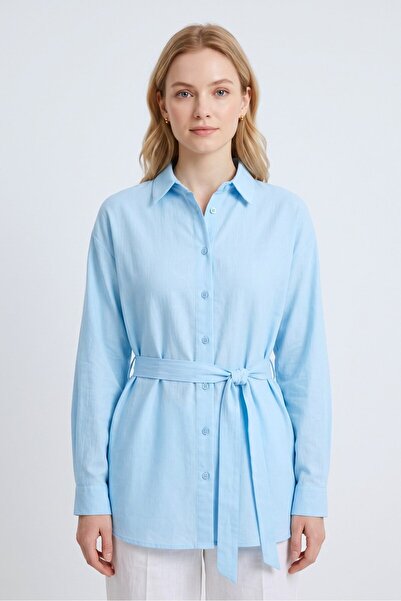 Saade Blue Slit Detailed Belted Oversize Fit Long Shirt