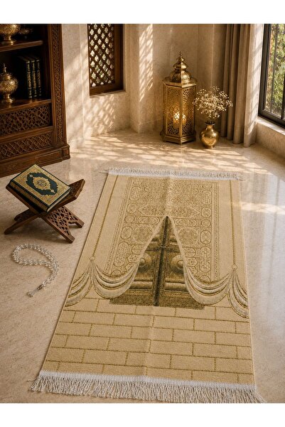 Altınoluk Haremia Kaaba Gate Patterned Micro Chenille Prayer Mat |   Gold Lea...
