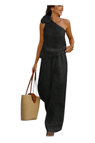 OEM Compleu dama elegant, pantalon si top cu un umar gol, detaliu trandafir, ...