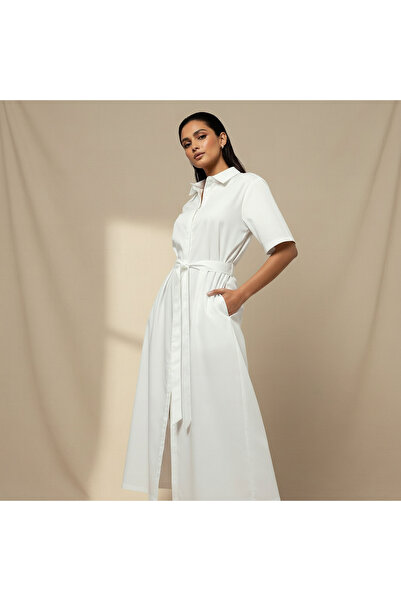 FAV Lapel Collar Midi Cotton Shirt Dress with Tie-Up Belt