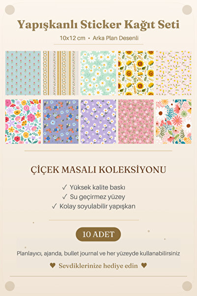 Mindpad 10'lu Karışık Çiçek Desenli Arka Plan Yapışkanlı Çıkartma Kağıt Seti ...