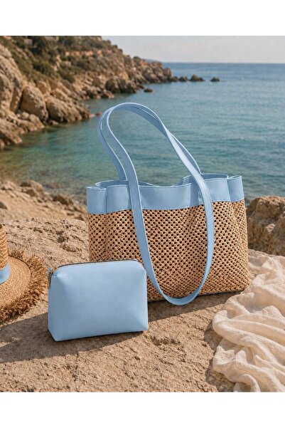 ValeriaBag Summer Time Plaj Çantası + Değerli Eşya Çantası Mavi