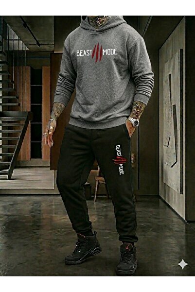 YK WEAR Unisex Beast Mode Printed Hooded Sweatshirt Tracksuit Set