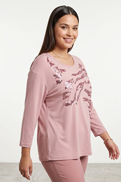 Maya Butik Powder Zero Collar Basic Blouse with Sequin Embroidery on the Fron...