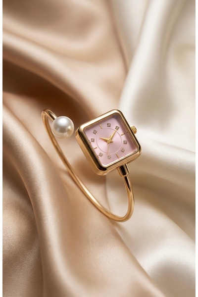 KLISHE Butik Women's Steel Watch Gold Color & Pink Dial Square Case Pearl Det...