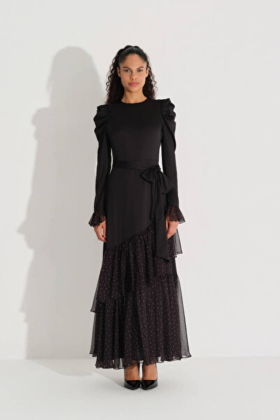 miha Hicran Önal Ruffled Hem Chiffon Dress Black