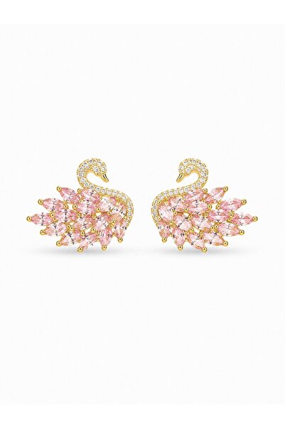 serelya Pink Zircon Stone Gold Swan Model Women's Earrings
