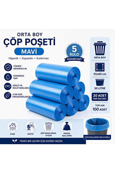 shop Orta Boy Mavi Çöp Poşeti 55x60 cm 30 Litre 5 Rulo x 20 Adet (Toplam 100 ...