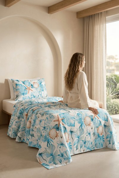 Menderes Home La Notte Sea Marine Tek Kişilik 3 Parça Pike Takımı 160x230 + 100x200 + 50x70 cm