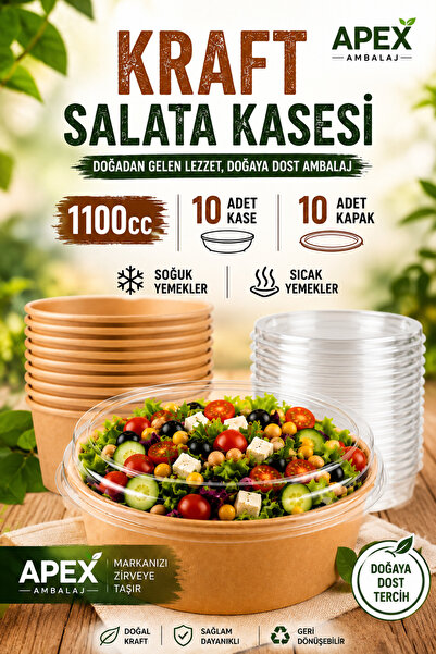 Apex 1100 cc Kraft Bowl Salata Diyet Kasesi Kapaklı 10 Adet Büyük Boy Yuvarla...