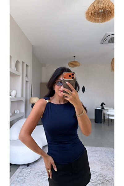 Buket Teke Navy Blue Polyamide Blouse with Shoulder Accessories