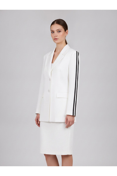 CRYSTALİA Kadın Beyaz Kolları Siyah Şerit Detaylı Klasik Yaka Blazer Ceket