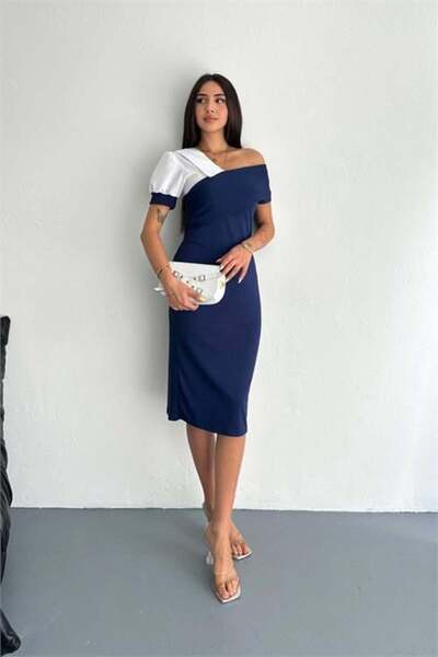 Dipmoda Women's Navy Blue Asymmetrical Collar Contrast Detailed Short Sleeve ...