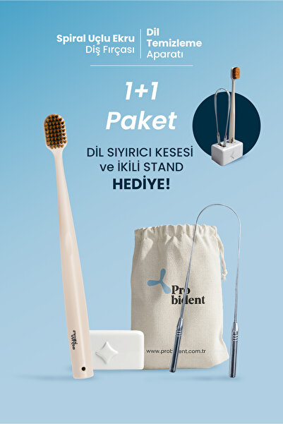Probident 1+1 Paket Spiral Başlıklı Ekru Diş Fırçası+ Dil Temizleme+ Kesesi v...