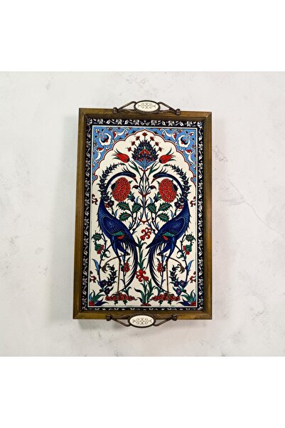PorcelainAtelier El Yapımı Kütahya Çini Desenli Ahşap & Seramik Tepsi 42x28 c...