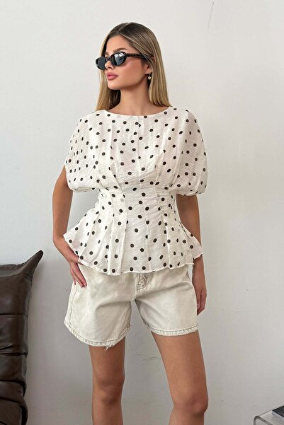 JEE LEE Women's Crew Neck Pleated Polka Dot Blouse White - 26Y 1090