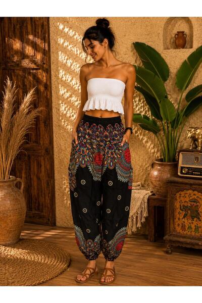 KESKİN AKSESUAR ETNİK DESENLİ ŞALVAR %100 RAYON KUMAŞ CEPLİ STANDART BEDEN (X...