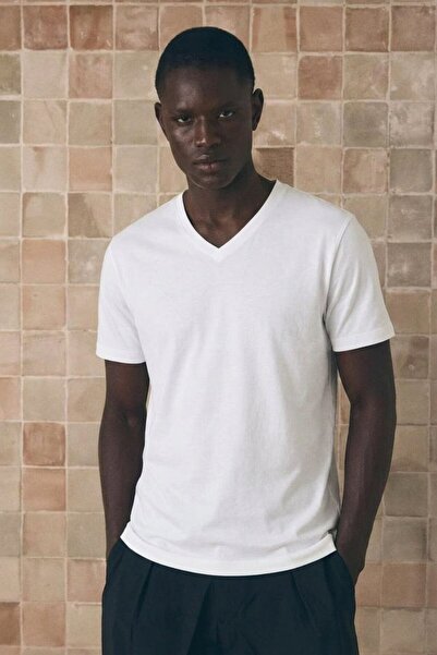 DAMGA JEANS Men's Cotton Flexible White V-Neck T-Shirt