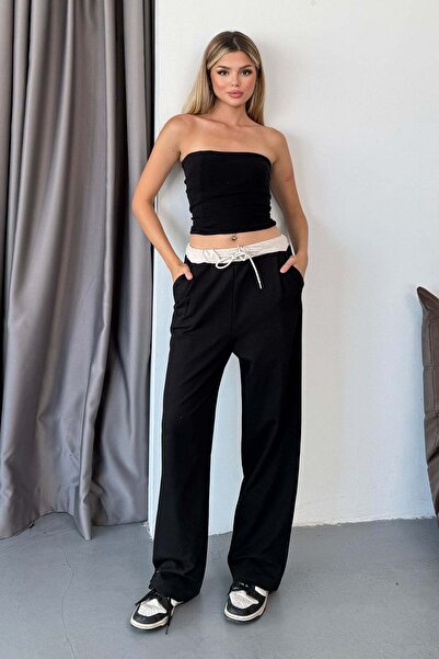 JEE LEE Women's Adjustable Waist Double Pocket Wide Leg Sweatpants Black - 3035