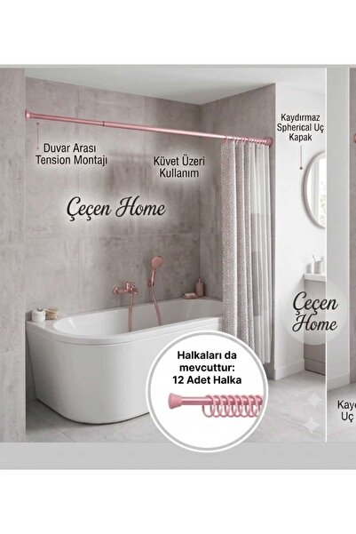 ÇEÇEN HOME 2 Metre Banyo Duş Perdesi Askı Borusu-HalkaTeleskobik Ayarlanabili...
