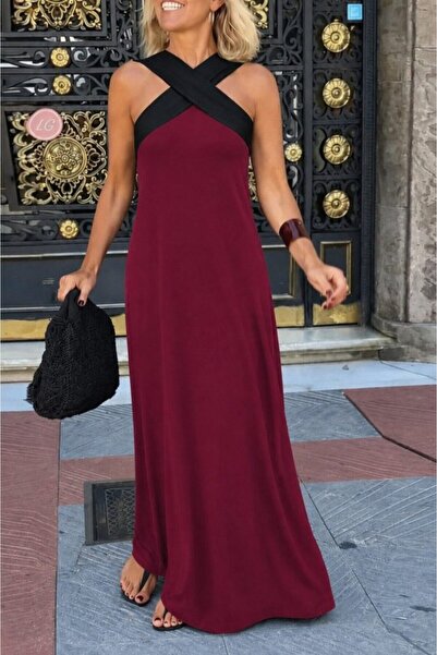 moda wanilia Women's Cross Collar Two-Color Viscose Maxi Dress