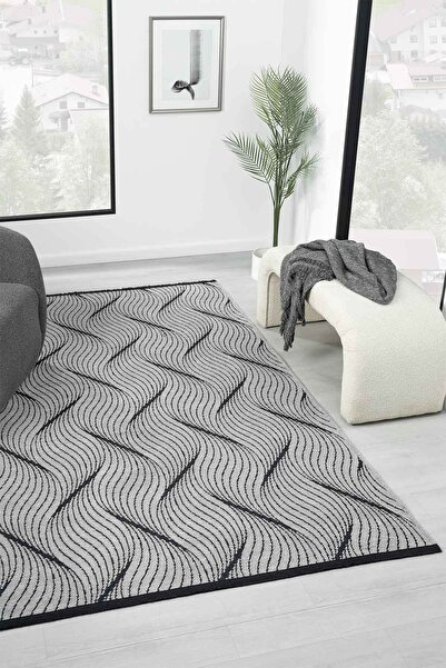 VİTALİHOME Gaia Gri Halı Yıkanabilir Kaymaz Taban Şönil Kilim Dokuma Pamuk Ta...