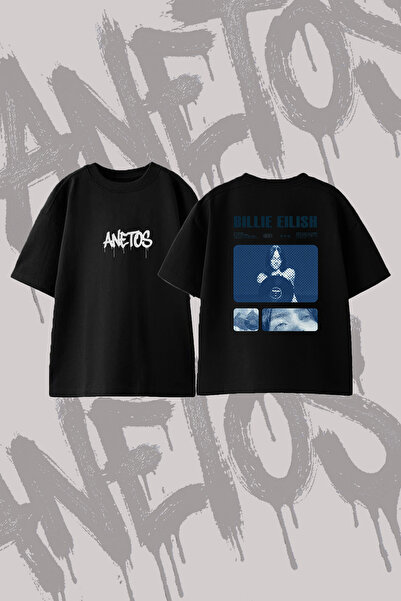 Anetos Billie Eilish_18 Dizajn T-shirt majica sa širokim izrezom i printom, crna