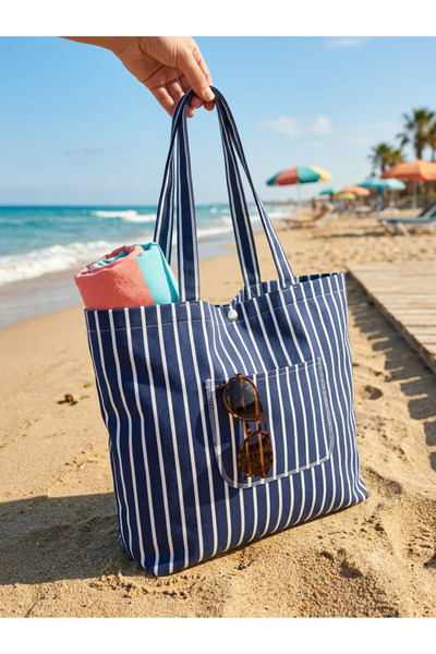 MERİCEY Striped Summer Oversized Denim Beach Bag - Summer Women's Shoulder Bag