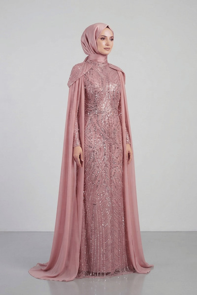 giyimmasalı Full Boncuklu Kumaş Kolları Sifon Detaylı Tesettür Elbise - PUDRA