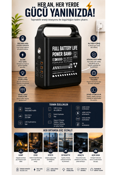 VOOKA Taşınabilir Güç İstasyonu 100.000 mAh | 100W Hızlı Şarj | Güçlü LED Ayd...