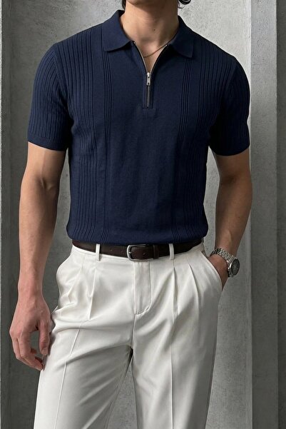 Maccali Men's Striped Loose Knitwear Navy Blue Polo Neck T-Shirt