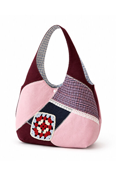 yaseminhandmade Bordo Pembe Patchwork El Yapımı Omuz Çantası