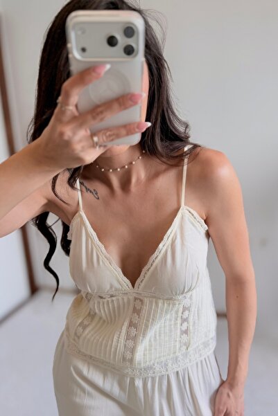 MoyStore Ecru Lace Embroidery 100/100 Cotton Thread Strap Blouse